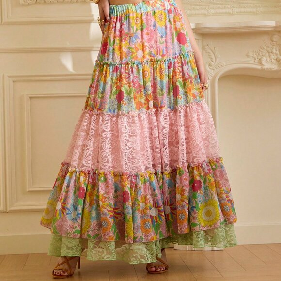 Multicolor Boho Women's Floral Print Contrast Lace A-Line Skirt - Picture 3 of 9
